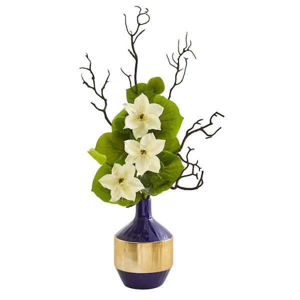 Nearly Natural 22 in. Anemone and Lotus Leaf Artificial Arrangement in Vase