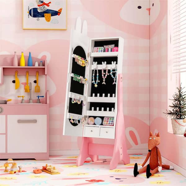 White Wood Kids Jewelry Cabinet Standing Children Jewelry Organizer with Full-Length Mirror