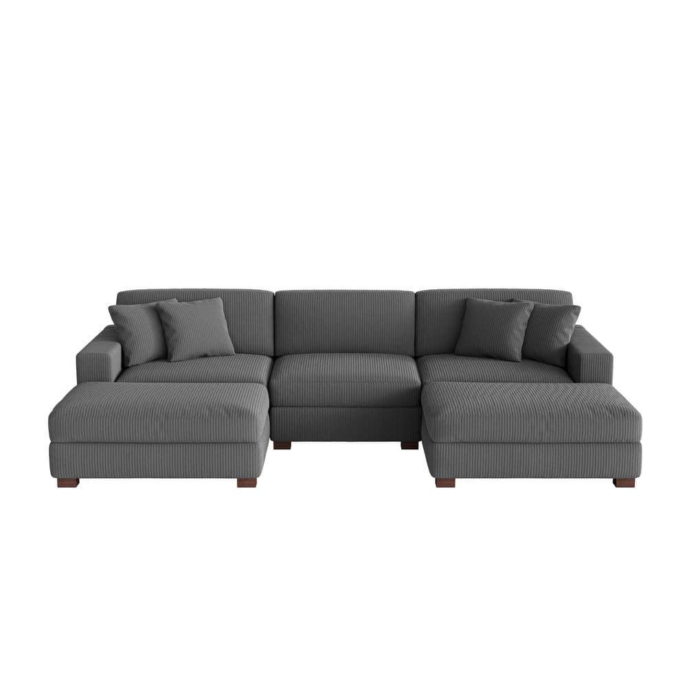 118 in. W Modern Square Arm 5-Piece Corduroy Fabric U-Shaped Sectional Sofa in Gray