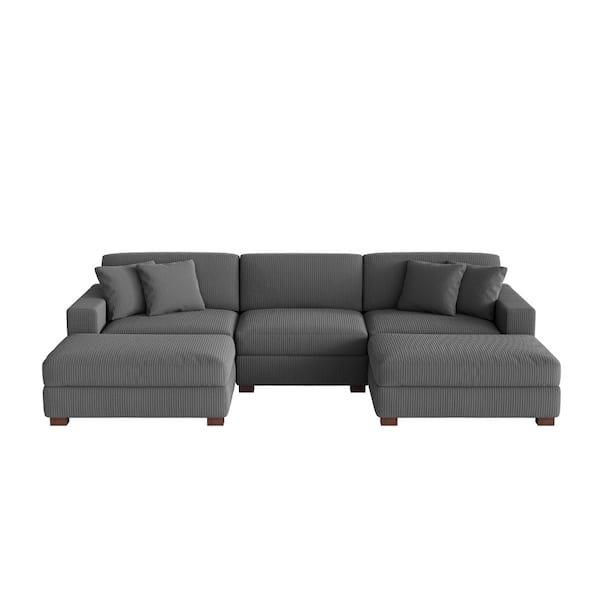 118 in. W Modern Square Arm 5-Piece Corduroy Fabric U-Shaped Sectional Sofa in Gray