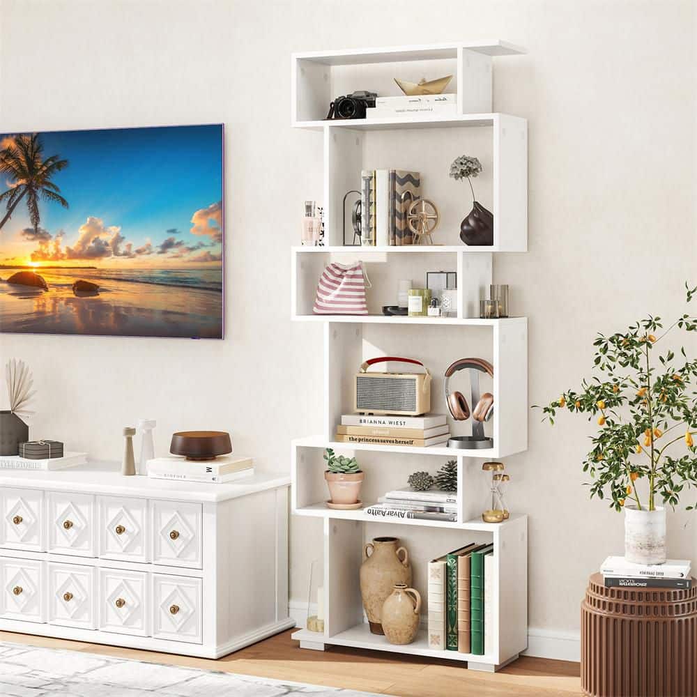 HONEY JOY 6-tier S-shaped Bookshelf 64 in. Tall White Home Wood 2