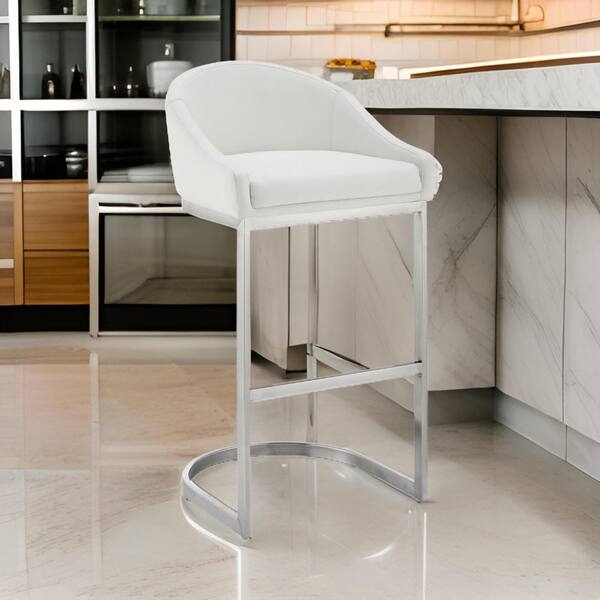 Benjara 30 in. White and Chrome Low Back Metal Frame Bar Stool with Faux Leather Seat