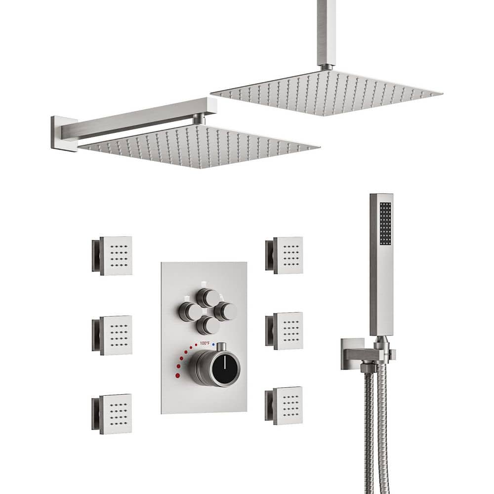 Thermostatic Valve 15-Spray 12 in. Square Ceiling MountDual Fixed and Handheld Shower Head with 6-Jet in Brushed Nickel price history on PriceWatchPro