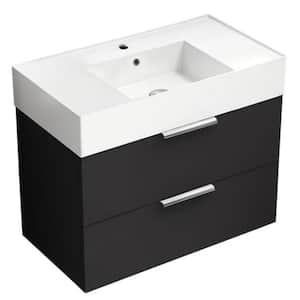 Derin 31.89 in. W x 17.32 in. D x 25.2 H Single Sink Wall Mounted Bathroom Vanity in Matte Black with White Ceramic Top