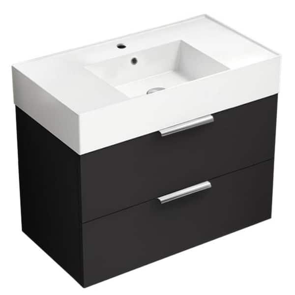 Nameeks Derin 31.89 in. W x 17.32 in. D x 25.2 H Single Sink Wall Mounted Bathroom Vanity in Matte Black with White Ceramic Top