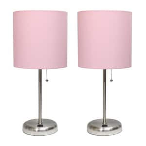 19.5 in. Light Pink Stick Lamp with USB charging port and Fabric Shade Set (2-Pack)