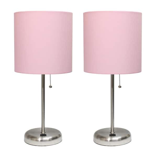 Simple Designs 19.5 in. Light Pink Stick Lamp with USB charging port and Fabric Shade Set (2-Pack)
