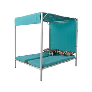 1-Piece Metal Outdoor Patio Day Bed with Blue Cushions, Adjustable Seats and Sunshade Curtains