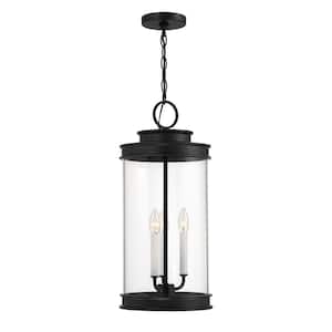 Englewood 23.5 in. 3-Light Matte Black Outdoor Pendant Light with Clear Seeded Glass and No Bulbs Included