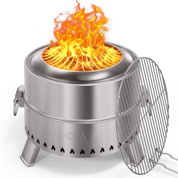 17 in. Stainless Steel Round Smokeless Wood Burning Outdoor Fire Pit with Steel Grill Rack, Fire Poker and Bag