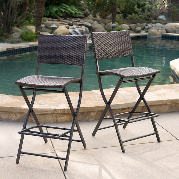 Multi-Brown PE Rattan Plus Iron Folding Outdoor Bar Stool Faux(2-Pack)