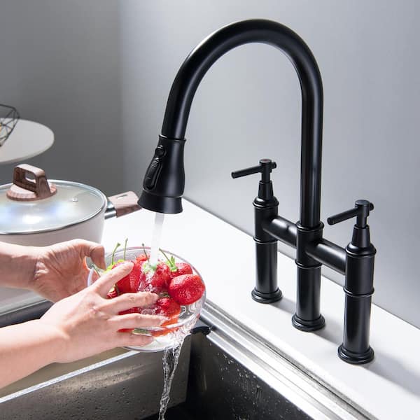 Tomfaucet High Arch Double Handle Bridge Kitchen Faucet with Pull Down Sprayer in Matte Black