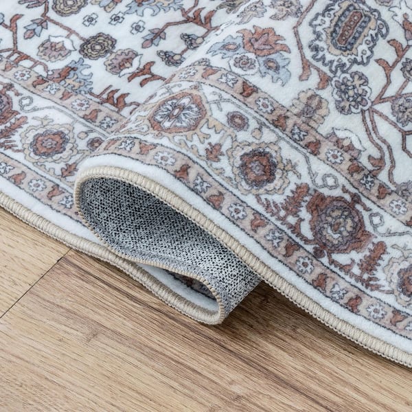 Subtlety Medallion All-Over Floral Border Non-Slip Machine-Washable Rose Clay/Ivory 8 ft. x 10 ft. Area Rug