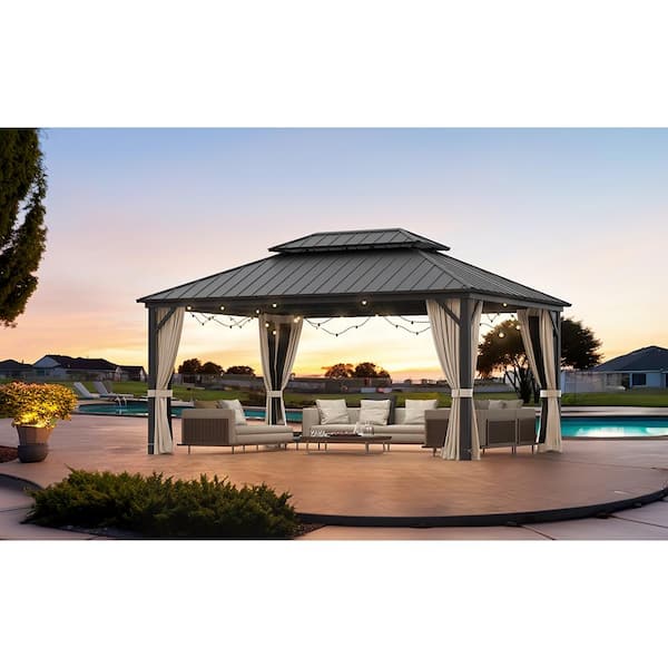 Hampton 12 ft. x 16 ft. Black Hardtop Aluminum Outdoor Gazebo With Galvanized Steel Double Roof Curtain Netting