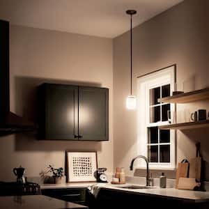Hendrik 7.5 in. 1-Light Brushed Nickel Contemporary Shaded Kitchen Mini Pendant Hanging Light with Etched Glass