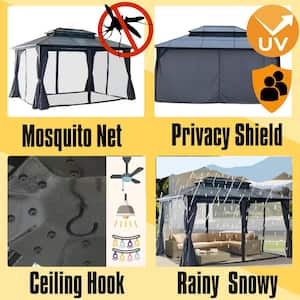 12 ft. x 16 ft. Hardtop Gazebo, Double Roof Canopy, Aluminum Frame Permanent Pavilion with Curtains and Netting, Gray