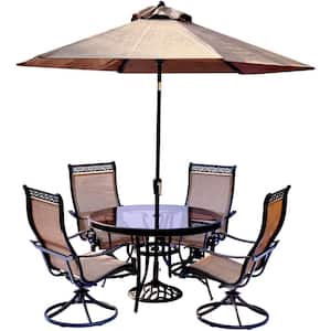 5-Piece Aluminum Outdoor Dining Set with Round Glass-Top Table and Contoured Sling Swivel Chairs, Umbrella and Base
