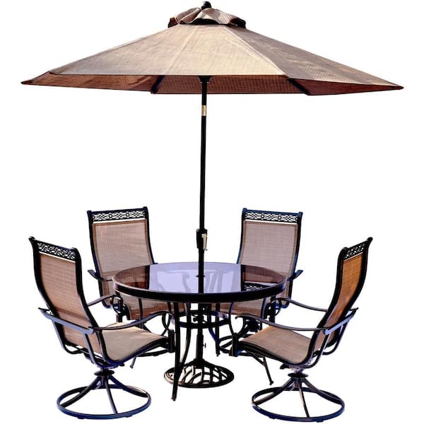 Hanover 5 Piece Aluminum Outdoor Dining Set With Round Glass Top Table And Contoured Sling Swivel Chairs Umbrella And Base Mondn5pcswg Su The Home Depot