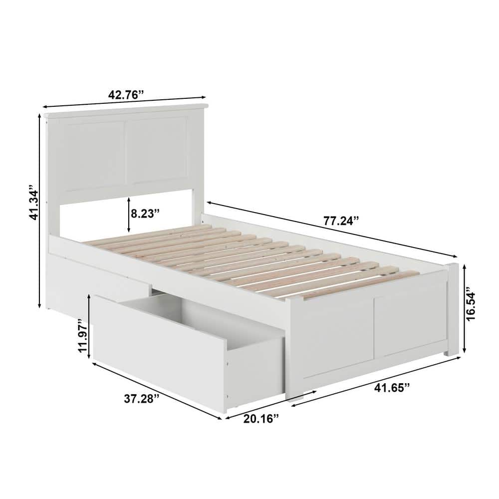 White Twin Wood Platform Bed with Storage Drawers