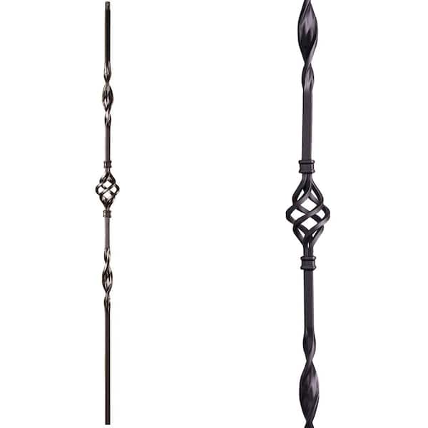 HOUSE OF FORGINGS Ribbon Twist 44 in. x 0.5 in. Satin Black Double Ribbon Single Basket Solid Wrought Iron Baluster