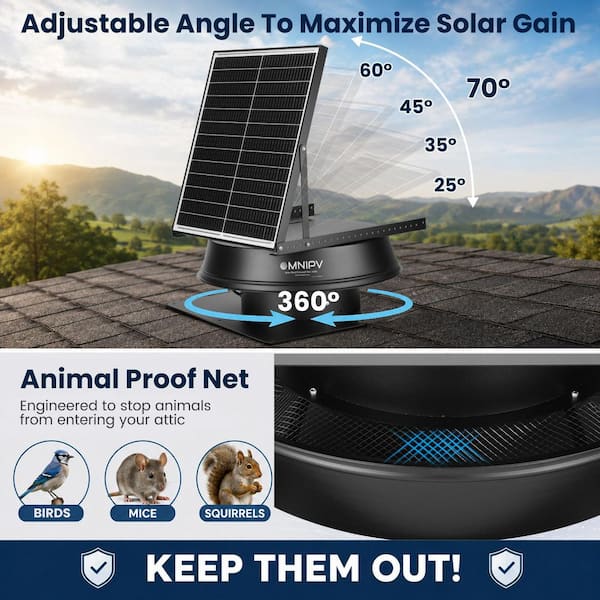2100 CFM 40-Watt Hybrid Solar Powered Aluminum Roof Exhaust Vent Attic Fan, Auto On/Off Thermostat, Cools 3000 sq. ft.