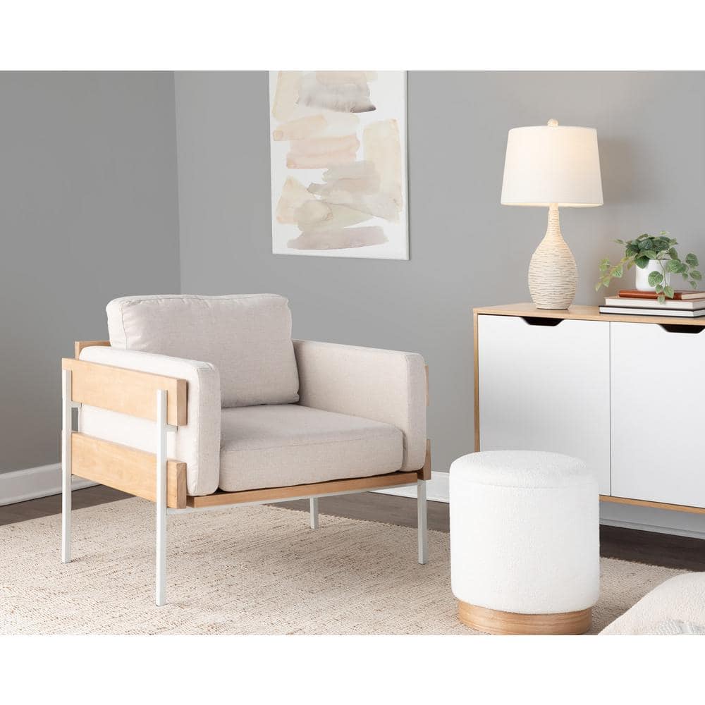 Cream Faux Leather and Metal Accent Chair with Natural Wood Frame
