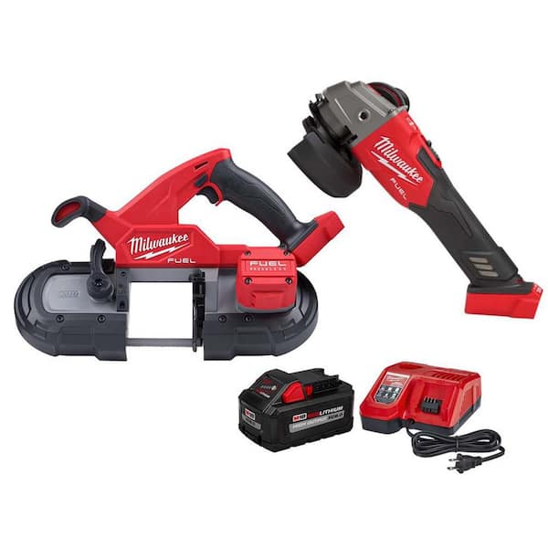 Milwaukee M18 FUEL 18V Lithium Ion Brushless Cordless Compact Bandsaw W M18 FUEL Angle Grinder and 8.0ah Starter Kit 2829 20 2889 20 48 59 1880