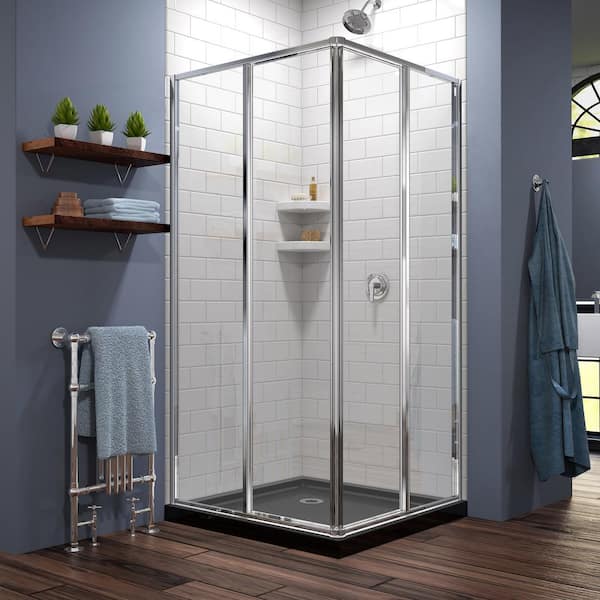 Corner View 40 in. x 72 in. Semi-Frameless Sliding Shower Door in Chrome with 42 in. x 42 in. Base in Black