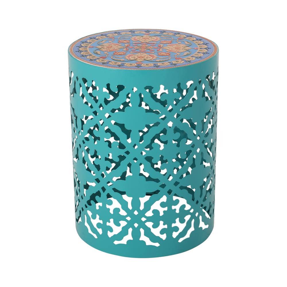 Elegant Multicolor Marble & Metal Round End Table with Lace Cut Design