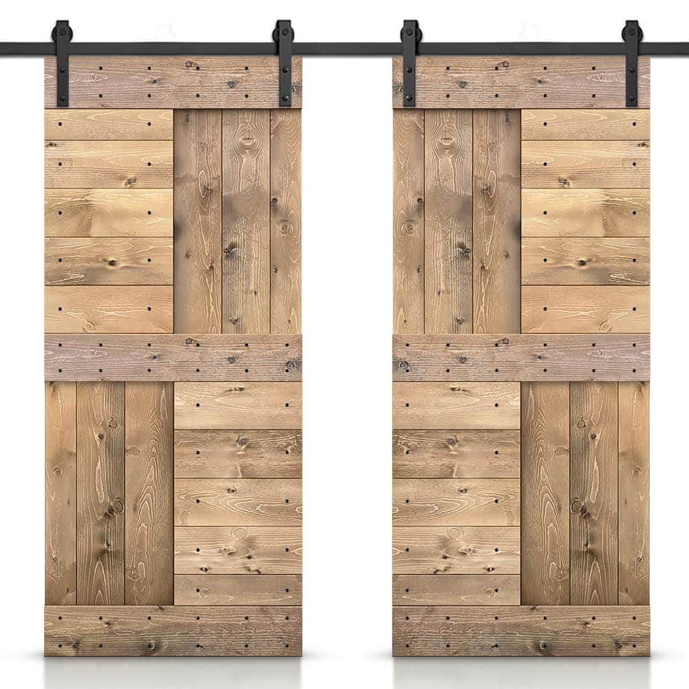 60-in x 84-in Light Brown Pine Wood Double Barn Door with Black Hardware