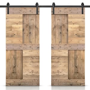 84 in. x 84 in. Light Brown Stained DIY Knotty Pine Wood Interior Double Sliding Barn Door with Hardware Kit