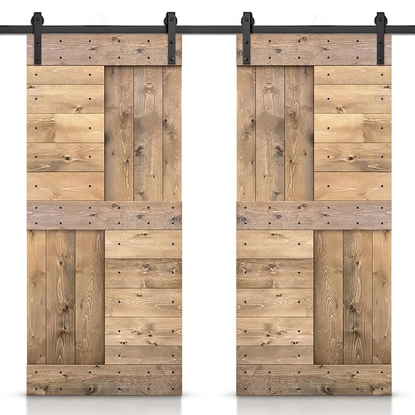 CALHOME 84 in. x 84 in. Light Brown Stained DIY Knotty Pine Wood Interior Double Sliding Barn Door with Hardware Kit