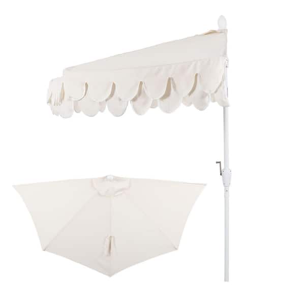 Terrace Arc 9 ft. Classic MidCentury Scalloped Fringe Market Half Patio Umbrella in Cream/White, White Pole