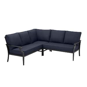 Braxton Park 3-Piece Black Steel Outdoor Patio Sectional Sofa with CushionGuard Midnight Navy Blue Cushions