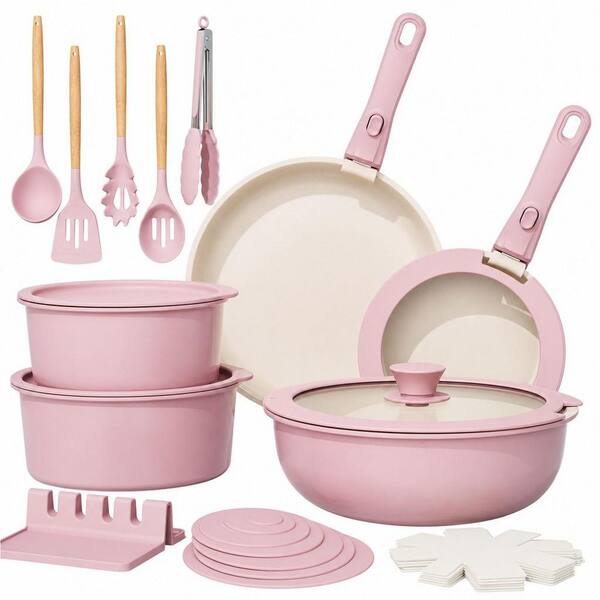 21-Pieces Pink Ceramic Pots and Pans Non Stick Cookware Set, Detachable Handles, Oven Safe, Induction Ready, Stackable