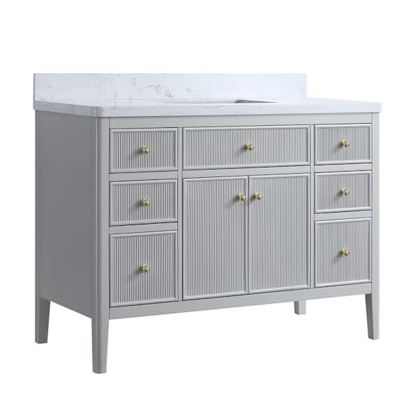48 in. W Single Sink Solid Wood Bath Vanity in Light Gray with White Engineered Marble Top, Soft-Close