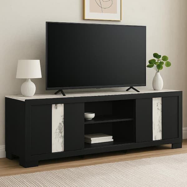Amey Black, White and Silver TV Stand Media Cabinet Fits TV up to 75 in. with 2 Doors and 2 Shelves