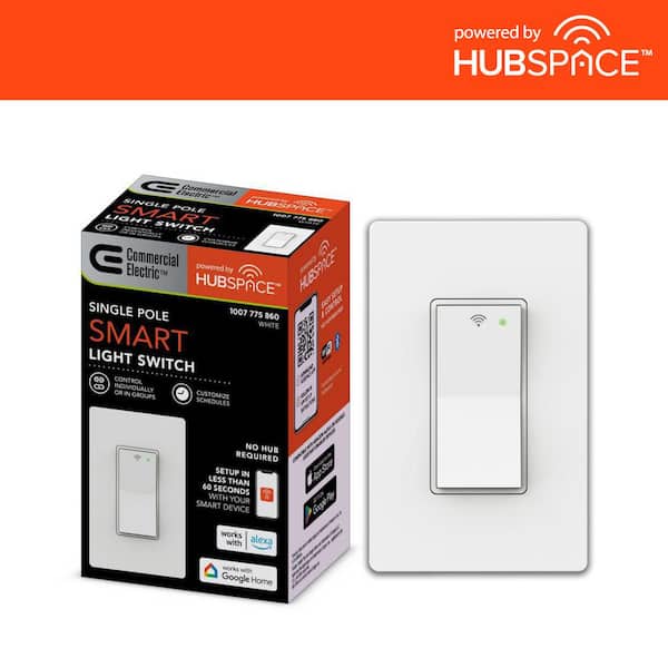 Commercial Electric 15 Amp Single-Pole White Smart Light Switch with Wi-Fi and Bluetooth Technology Powered by Hubspace (1-Pack)