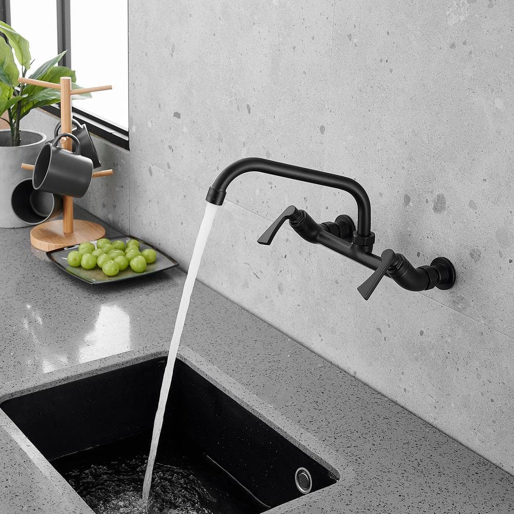 Matte Black Double-Handle Wall-Mount Kitchen Faucet
