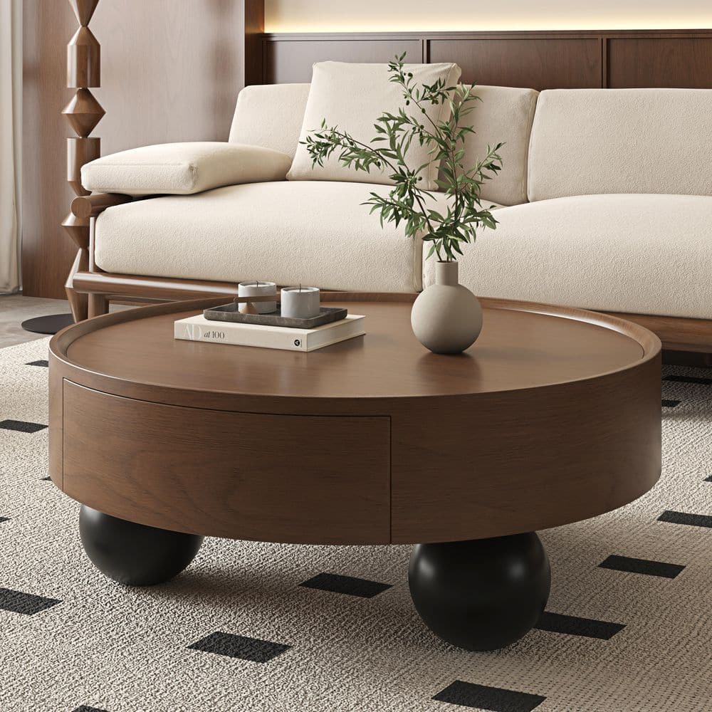 35.43 in. Round Walnut Round Wood Coffee Table with Storage Drawer and Black Ball Feet price history on PriceWatchPro