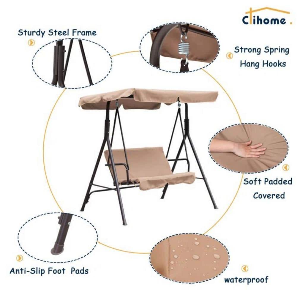 Khaki Steel Frame 2-Person Outdoor Porch Swing with Removable Cushions