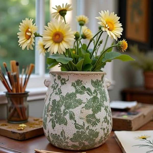 Vintage Floral Series 6.5 in. in Green Ceramic Round Decorative