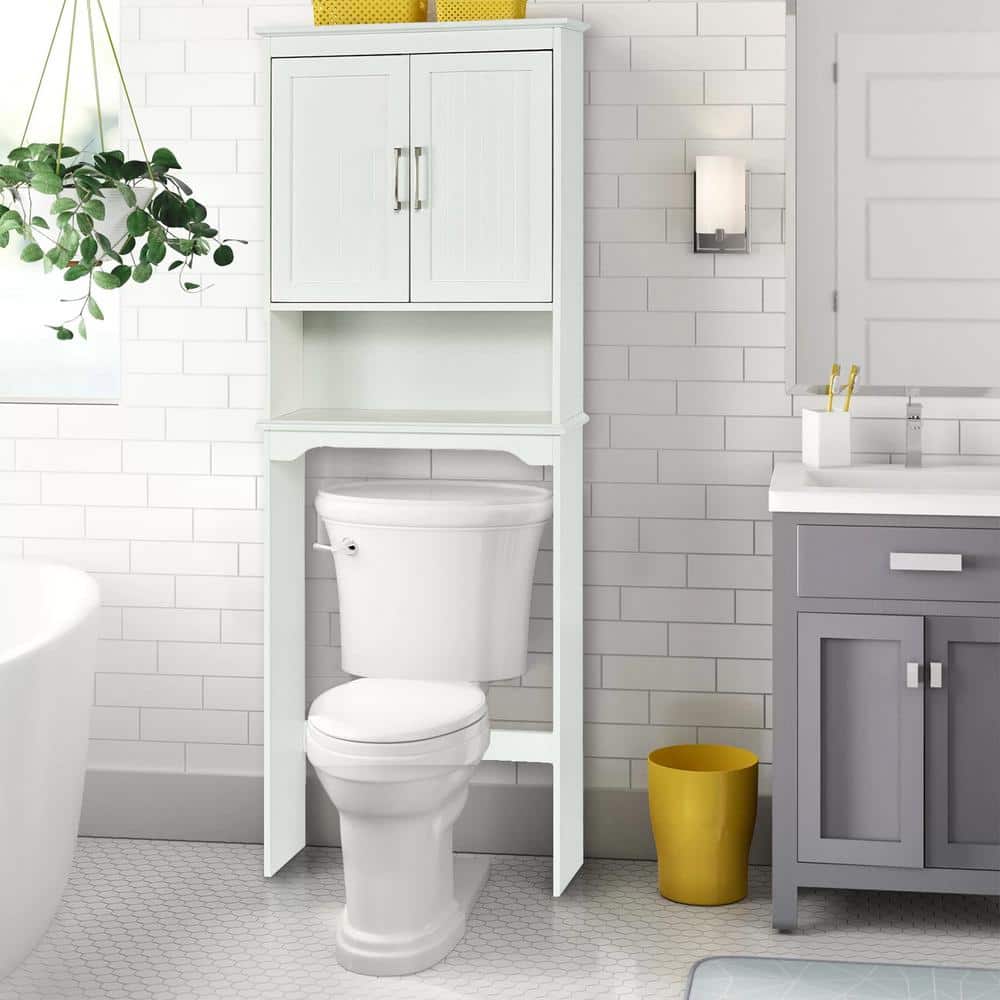 ANGELES HOME 25 in. W x 66 in. H x 9 in. D White Wood Over The Toilet Storage with Door