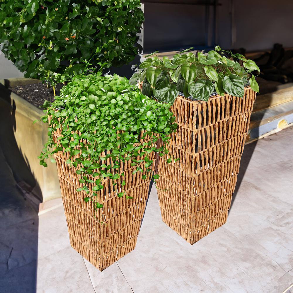 Barley Poly-Wicker Tall Planters with Black Plastic Insert - Set of 2