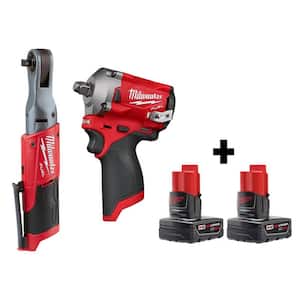 M12 FUEL 12V Lithium-Ion Brushless Cordless 3/8 in. Ratchet and 1/2 in. Impact Wrench with Two 3.0 Ah Batteries