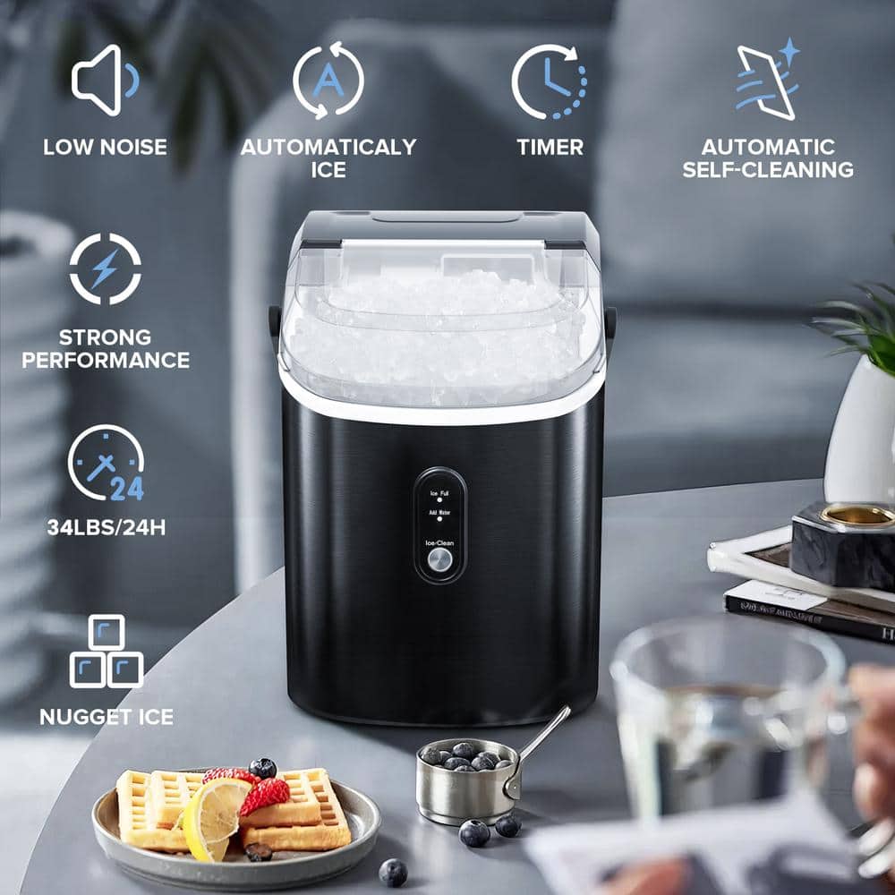 Black Stainless Steel Portable Nugget Ice Maker for Countertop
