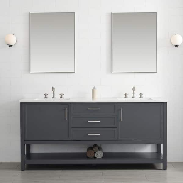 SUDIO Arlo 72 in. W x 22 in. D x 34 in. H Bath Vanity in Dark Gray with Engineered Stone Top in Ariston White with White Sinks