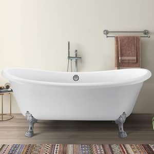 67 in. Dual-Rest Acrylic Clawfoot Bathtub Non-Whirlpool Double Slipper Soaking Bathtub in Glossy White