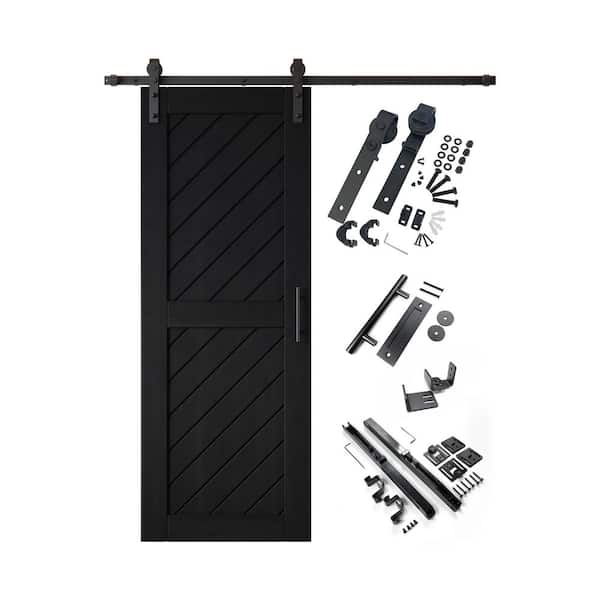 HOMACER XT1 30 in. x 80 in. C-Panel Black Slanted Stripe Design Solid Pine Wood Sliding Barn Door with Hardware Kit