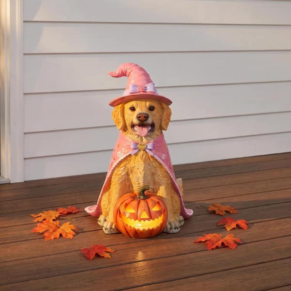 Resin Halloween Golden Retriever Dog Statue, Large Sitting Dog Figurine with LED Light Up Jack-O-Lantern Pumpkin